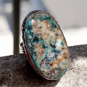 Blue Dendritic Opal Silver Gemstone Ring Size 7.5